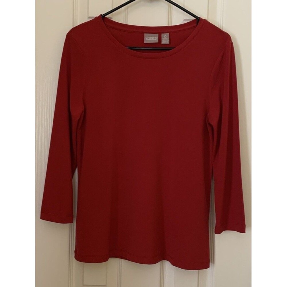Chicos Size 0 Womens Small Top Red Stretch 3/4 Sleeve